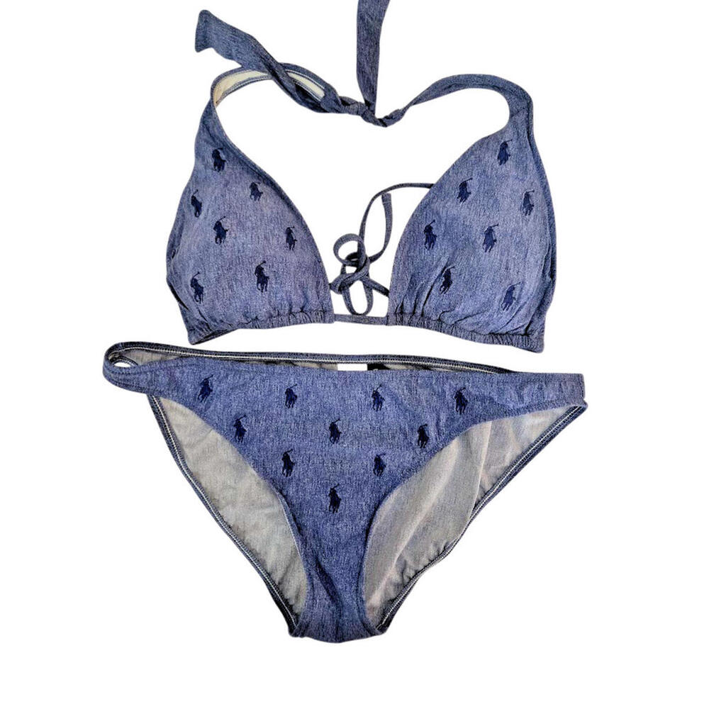 Ralph Lauren Women's Bathing Suit Bikini for Beach Blue w/ Ponies Size Large EUC